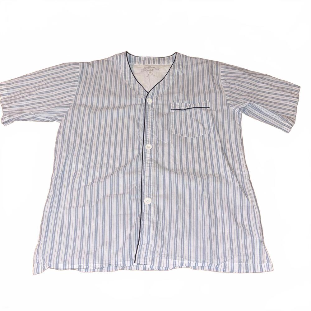 The Vermont Country Store Men's Medium Striped Button-Up Pajama Shirt Blue White